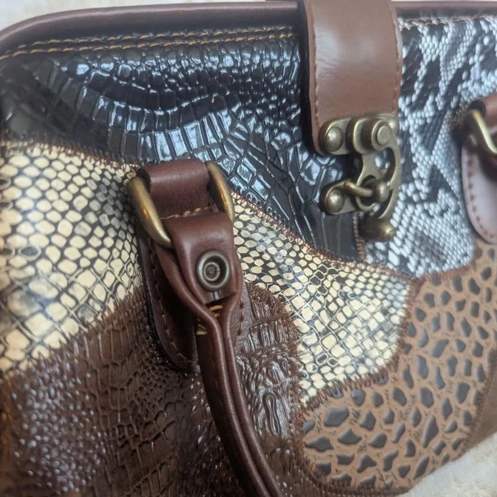 Vintage 70s 80s Leather Patchwork Animal Print Satchel Bag - Picture 4 of 11